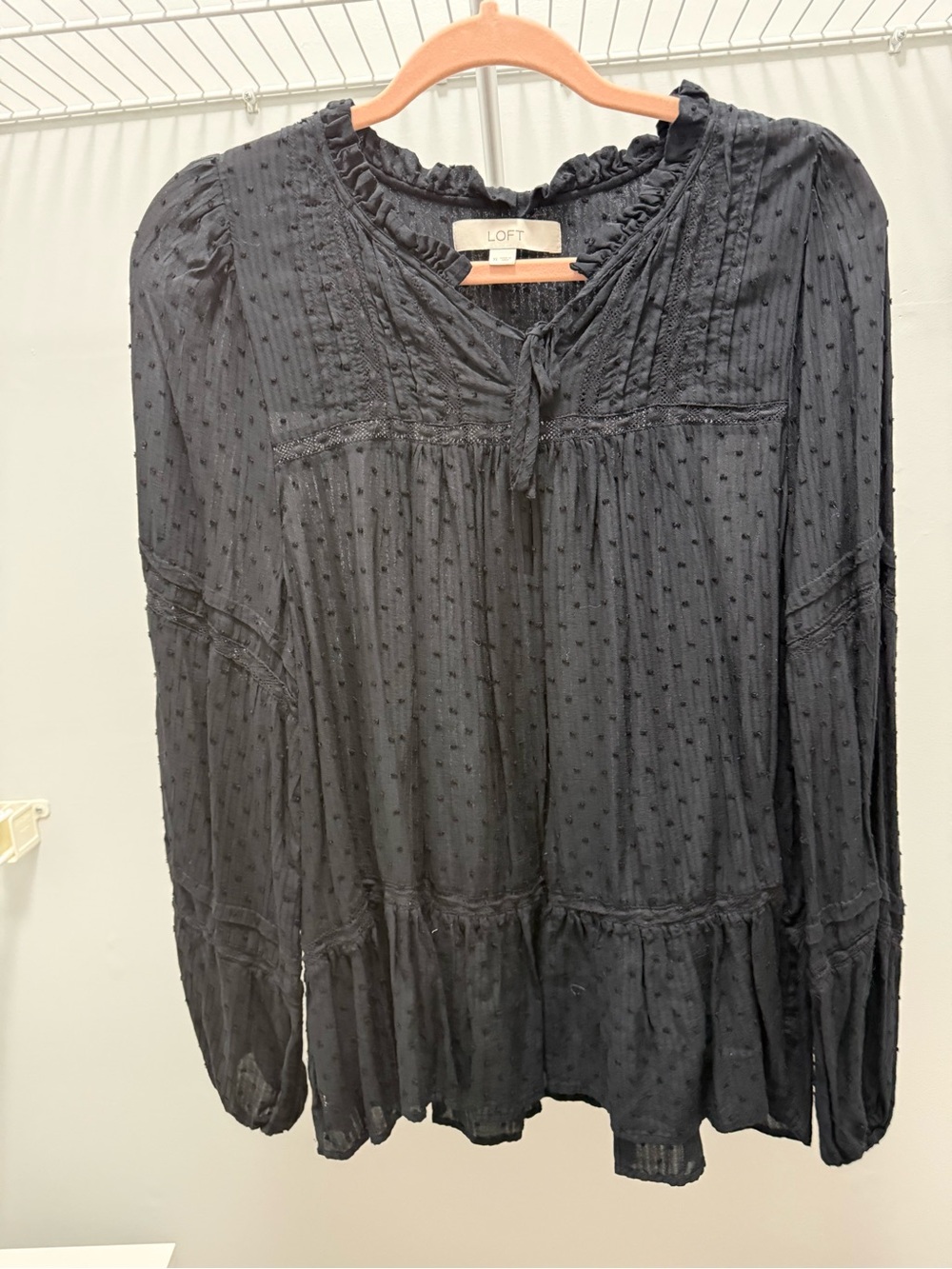 LOFT Black Swiss Dot Peasant Top with Tie Neck